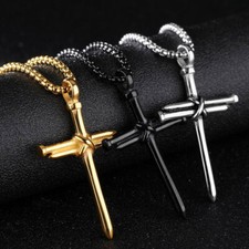 Cross Necklace Rolo Chain Pendant Stainless Steel Gold Silver Black Women Men