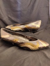 NEW Roland Cartier Low Heeled Leather Shoes Slip On Size 40/6.5 Silver & Gold