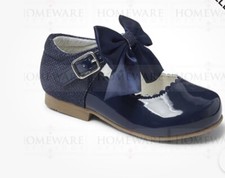 GIRLS  MARY JANE SHOES SATIN BOWS NAVY PATENT OCCASION WEDDING KIDS UK 2