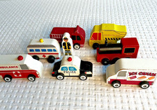 Wooden Vehicles Police Car Ambulance Fire Dump Truck Train Ice Cream Lot of 7