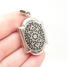 Antique Black Enamel French Locket Art Nouveau Silver Tone Pendant Necklace