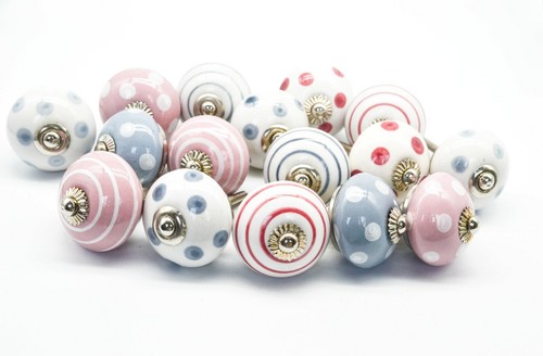 Pink grey polka stripes knobs - grey,
