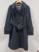 Zara Wool Long Belted Black Coat Jacket - Size Medium Leopard Print Lining