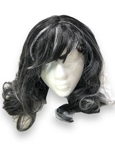 Long Curls Black White Streak Wig Halloween Morticia Costume Cosplay Anime Hair
