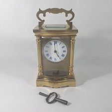 Antique 8 Day French Brass Carriage Clock Enamel Dial Blue Roman Numerals w/ Key