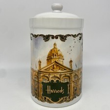 RARE Harrods White Ceramic Canister Storage Jar w/ Images of Knightsbridge Bldg