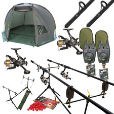 FULL CARP FISHING SET UP 2 RODS WITH DAY BIVVY SHELTER - RODS REELS POD ALARMS