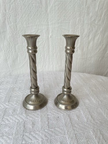 Silver tone brass candlesticks - tone,