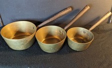 Set Of Three Antique Victorian Solid Copper Pans With Iron Handles