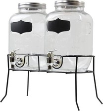 B4E Double 4L Vintage Glass Drinks Dispenser with Taps and Metal Stand