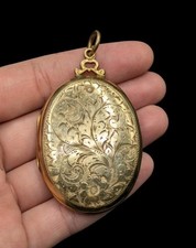 Large Antique Vintage Gold Filled GF Etched Floral Oval Photo Locket Pendant