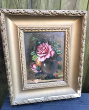 Antique Victorian vase flowers & pink rose oil painting board gilt frame signed