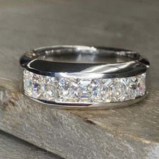 2ct 5mm Asscher Cut Moissanite 5Stone Eternity Band Men's 14k White Gold Plated