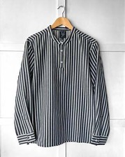 Striped Fisherman Smock Shirt Navy - Collarless Grandad Neckline