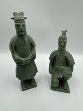 Pair Of Vintage Green Soapstone Chinese Terracotta Warrior Figurines 