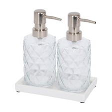 2pc Prism Glass Soap Dispenser Set with Ceramic Tray 330ml Clear Liquid Pump