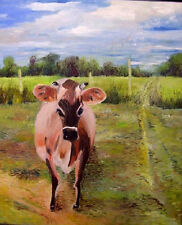 AMERICAN CATTLE COW FARM PASTURE LANDSCAPE; FRAMED OIL PAINTING. Listed Artist