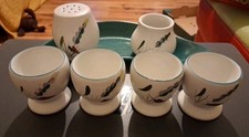 RARE DENBY GREENWHEAT BREAKFAST SET 4 EGGCUPS SALT & PEPPER WITH STAND BOURNE
