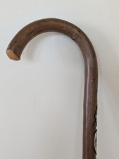 Vintage Wooden Walking Stick Cane With Metal Tip, Curved Handle, Badges VGC