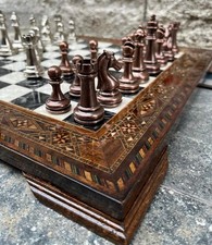 Luxury Wood Chess Set – Mosaic Inlay & Metal Pieces | Handmade Christmas Gift