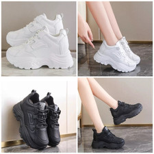 Women's Ladies White Black High Platform Shoes Trainers Breathable Comfort Thick