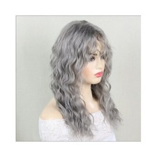 Long water wave Wigs with Bangs Gray Black Blonde Curly Wig with Bangs for Women