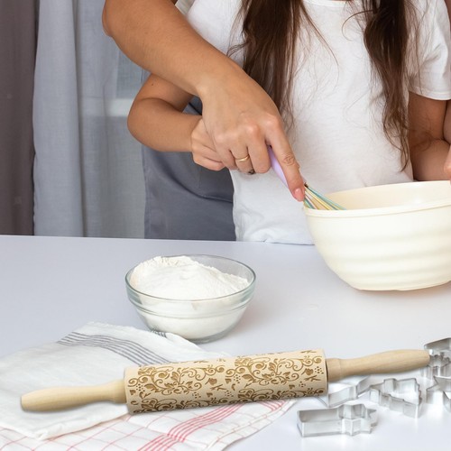 Wooden rolling pin embossed - wooden,