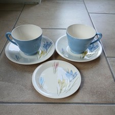 1950s Figgjo Flint Norway Crocus Patt. pair of cups & saucers & small plate A/F