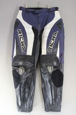 RICHA BLACK, BLUE & WHITE LEATHER BIKER TROUSERS + CE ARMOUR: WAIST 36"/LEG 31"