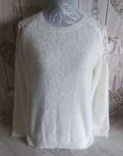 Rene Derhy Women's S Fluffy Soft Ecru White Long Sleeve Jumper w Lace Shoulders
