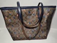 Coach Leather Tote Bag Floral Blue & Beige 