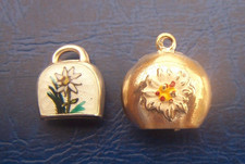 2 x VINTAGE SILVER & ENAMEL EDELWEISS FLOWER SWISS COW BELL CHARMS IN VGC