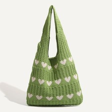 Chic geometric love heart pattern tote bag, knitted shoulder bag, crochet bag