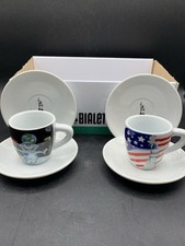 Set of 2 Bialetti Porcellana Espresso Cups and Saucers Astronaut, American Flag￼