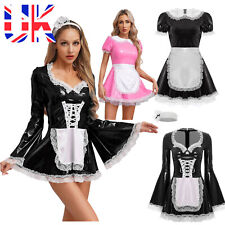 UK Women's Wet Look PVC Leather French Maid Cosplay Costume Mini Fancy Dress 