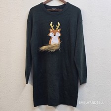 Brave Soul London Long Sleeve Fox Applique Faux Fur Green Sweater Dress Large EC