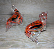 Murano Style Seal Sea Lions 2 X Vintage Blown Art Glass Figurine / Paperweight