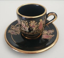 Set of 4 Dagounis Greek 24K Gold Black Demitasse Cups & Saucers