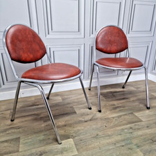 Pair 2 Vintage Chairs NESS Chrome Tube Stacking Faux Leather - Retro Mid-Century
