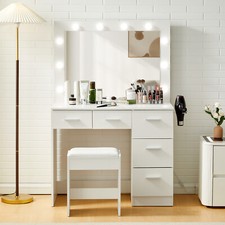 LED Vanity Table Set Dressing Table with 5 Drawers and Mirror Makeup Desk Stool