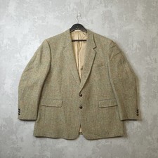 Harris Tweed Herringbone Check Blazer Mens 50R Leather Button Khaki Jacket