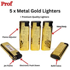 5 x PROF Jet Metal Lighters GOLD Full Set Windproof Dustproof Gas Refillable UK