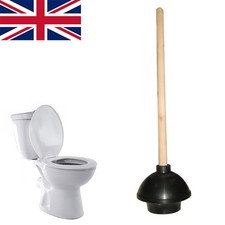 Large Toilet Plunger With 46cm Heavy Duty Long Wooden Handle 14cm Wide Rubber UK