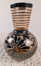 Vintage Silver Overlay Art Glass Vase 5.25" Black Floral Mid Century Modern Deco