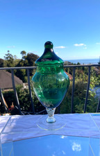 Vintage Emerald Green Italian Empoli Apothecary GLASS Bon Bon Jar with Lid 22cm