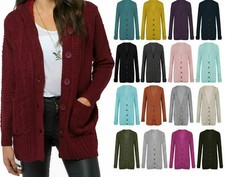 New Ladies Chunky Cable Knit Grandad Cardigan Button Long Sleeves