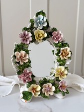 Vintage Italian Capodimonte Style Ceramic Floral Mirror Signed V. Banollo, Handc