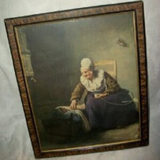 Victorian Lithograph Grandmother Baby Cradle Old Wavy Glass Faux Grain Frame
