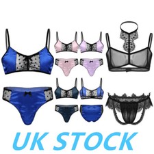 UK Mens Sissy Satin Lace Lingerie Set Bra Tops with Briefs Crossdress Nightwear