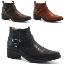 MENS WESTERN COWBOY RIDING ANKLE BOOTS  CUBAN HEEL SLIP ON HARNESS BIKER SHOES 